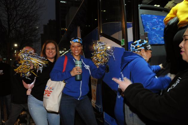 Members from Brooklyn and all five boroughs get on UFT buses before dawn to head to Albany for the rally.