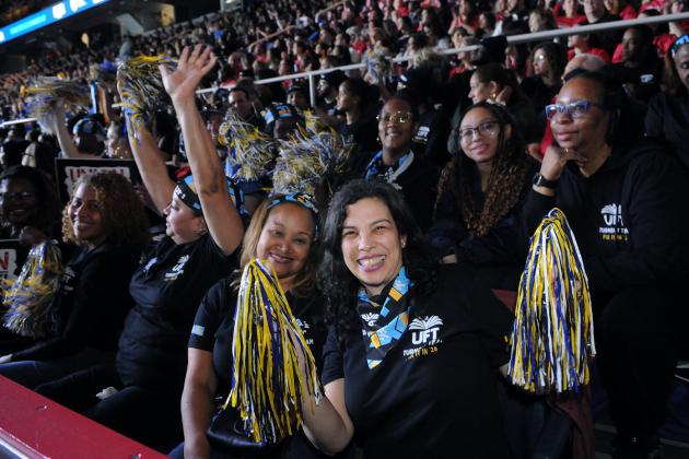 Unionists fill the 15,000-seat MVP arena, including some 4,000 UFT members during a Tier 6 Rally on March 8, 2026. 