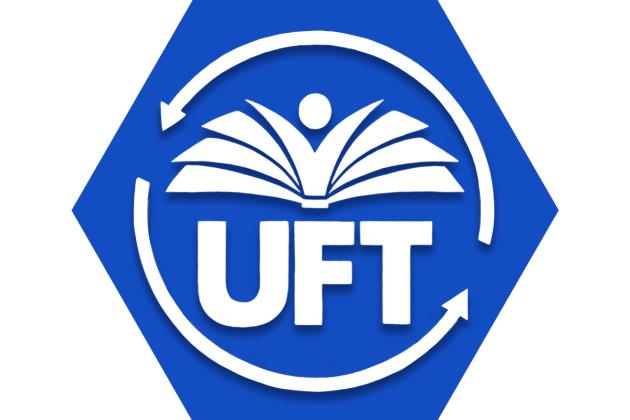 Hexagon with blue background UFT logo circled by arrows