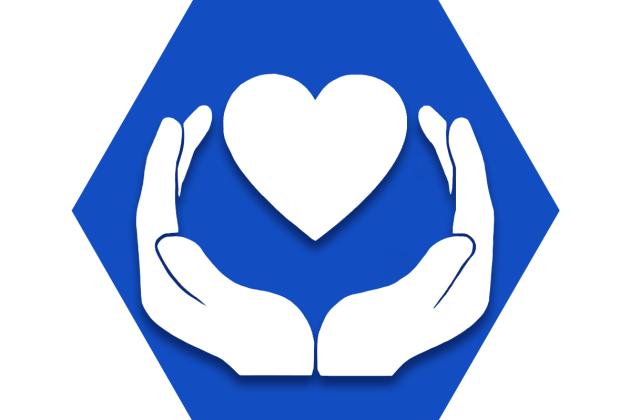 Blue hexagon showing two hands holding a heart