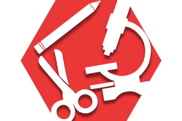 Hexagon with red background showing a scissor and crayon