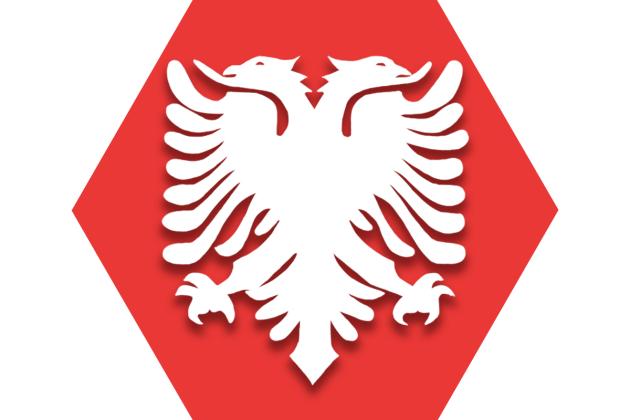 Hexagon with red background and symbol representing UFT Albanian American Heritage Committee