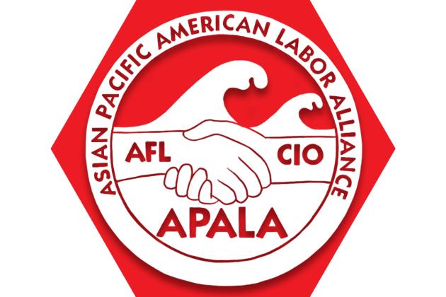 Hexagon with red background and text reading Asian Pacific American Labor Alliance