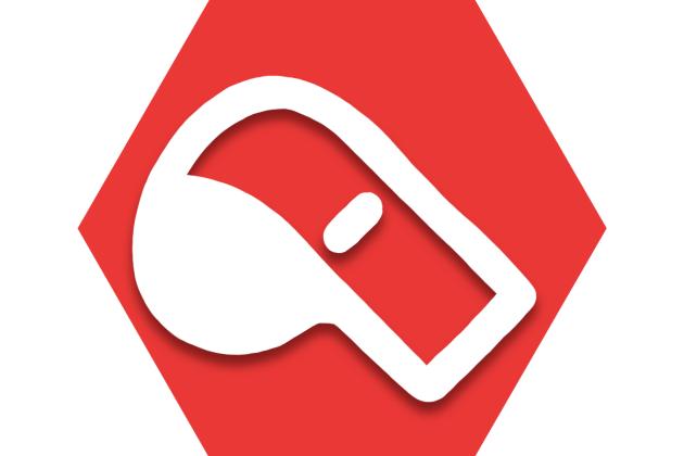 Hexagon with red background and symbol of whistle to represent UFT Coaches Committee
