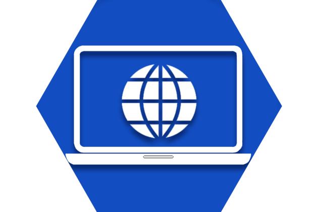 Hexagon with blue background and symbol of computer to represent UFT Computer and Technology Committee