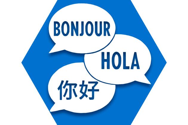 Hexagon with blue background and speech bubbles with text in different languages