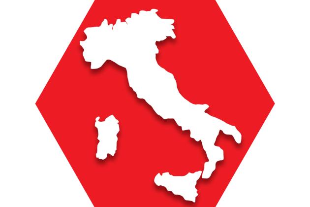 Hexagon with red background and map of Italy
