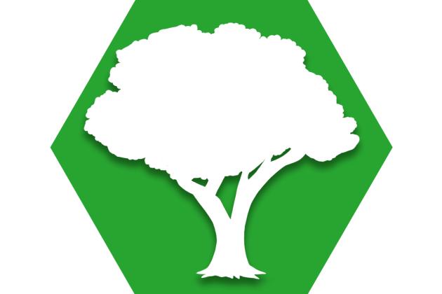 Hexagon with green background and symbol of tree representing UFT Outdoors Committee