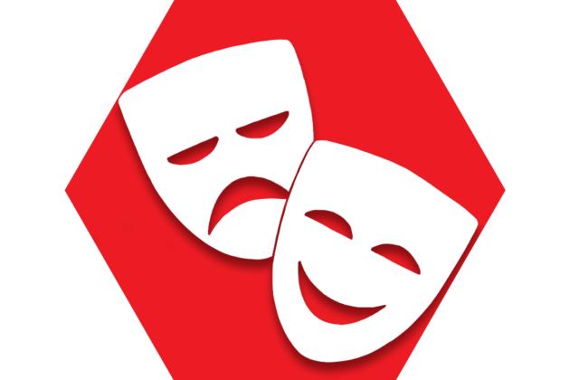 Red hexagon with symbol of drama masks representing UFT Players Committee