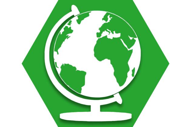 Green hexagon with outline of globe