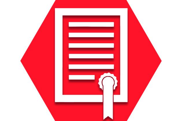 Red hexagon with seal of approval symbol