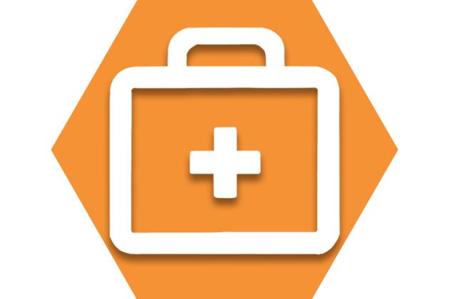 Orange hexagon with First Aid cross symbol
