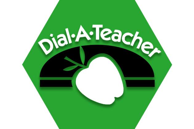Green hexagon with symbol of an apple and text reading Dial-A-Teacher