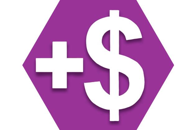 Purple hexagon showing a plus sign and dollar sign