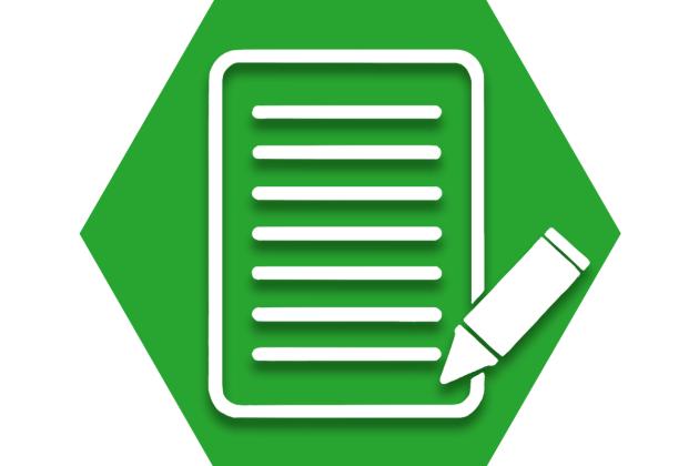 Green hexagon with outline of a paper and pen