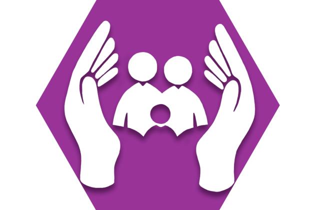 Purple hexagon showing outline of two hands surrounding figures