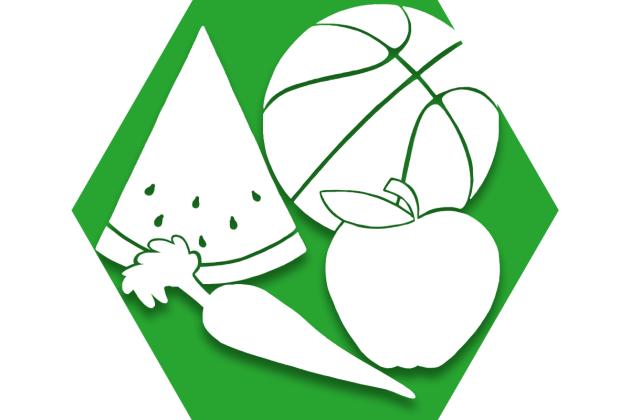 Green hexagon with symbols of fruits