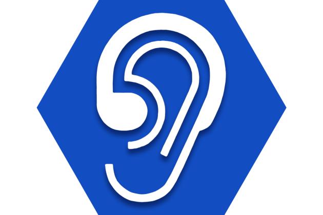 Blue hexagon with outline of ear