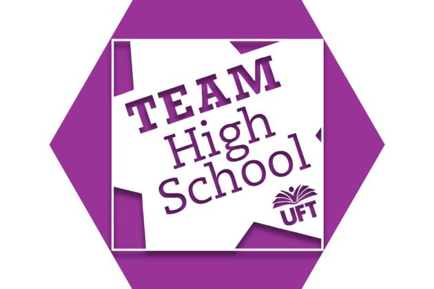 Hexagon with purple background and words "Team High School"