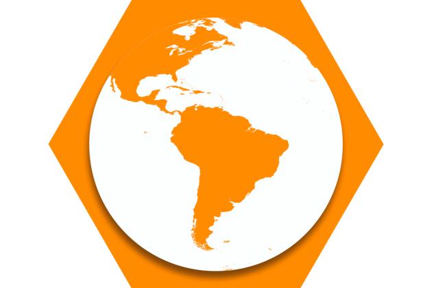 Hexagon with orange background and symbol of world
