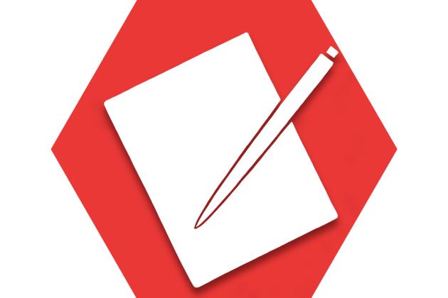 Red hexagon with symbol of paper and pen