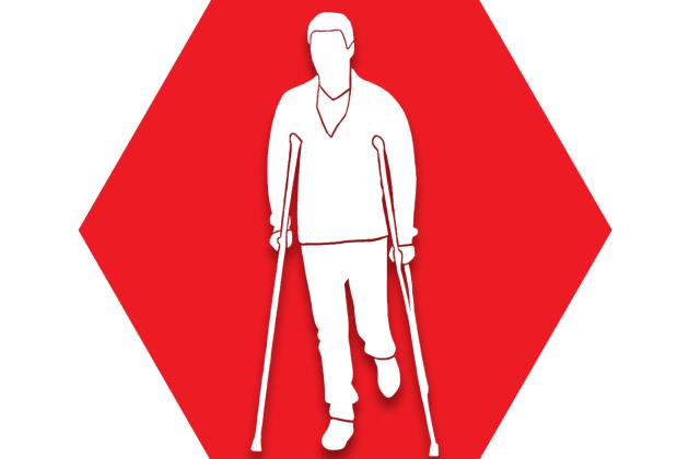 Red hexagon showing image of a person on crutches