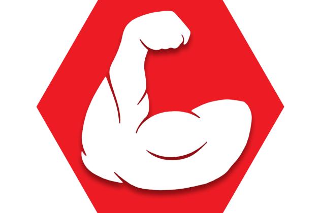 Red hexagon showing image of a flexed arm muscle