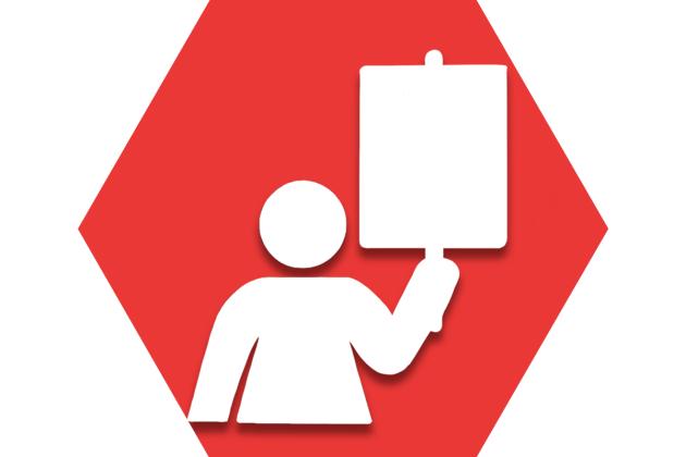 Hexagon with red background and figure holding up sign representing UFT labor issues