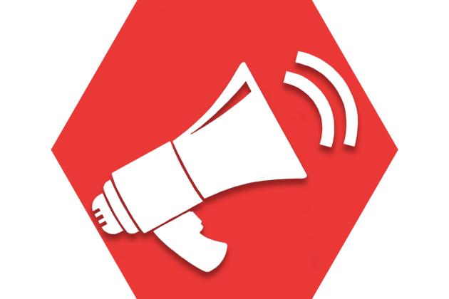 Hexagon with red background showing bullhorn