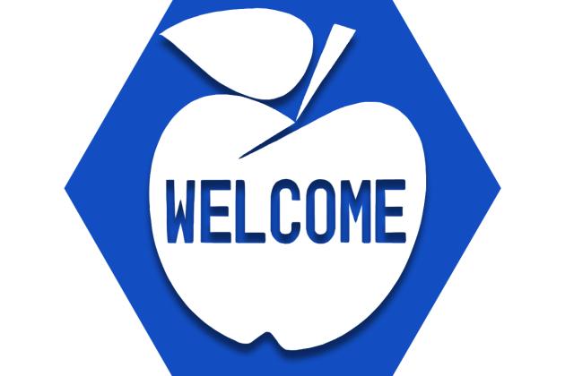 Blue hexagon with apple and the word "welcome"