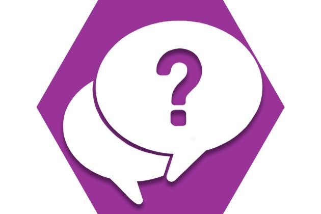 Hexagon with purple background and speech bubbles