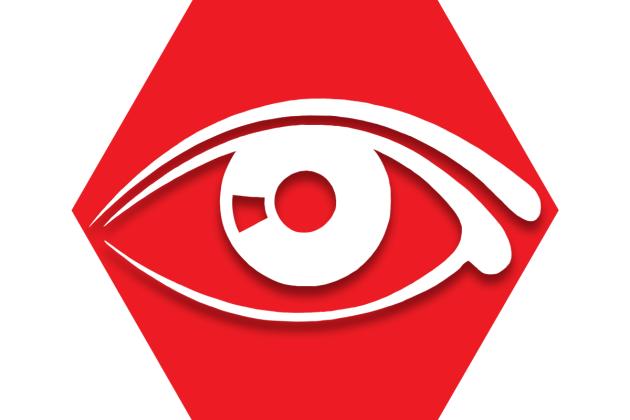 Red hexagon with outline of eye
