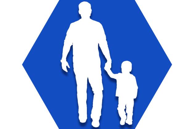 Hexagon with blue background showing outline of adult holding child hand