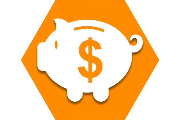 Orange hexagon with symbol of a piggy bank and dollar sign