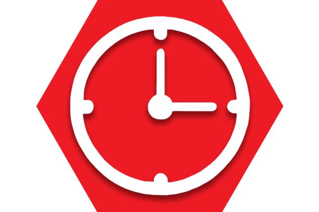 Red hexagon with outline of clock