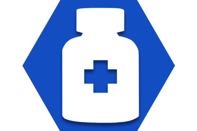 Blue hexagon with prescription drug bottle