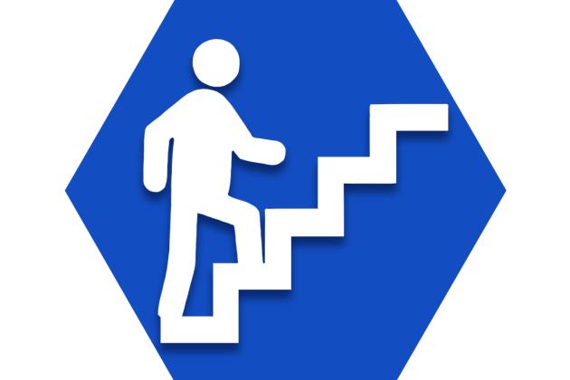 Blue hexagon showing outline of person walking up steps