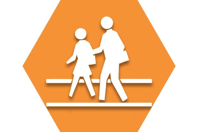 Orange hexagon with adult and child walking