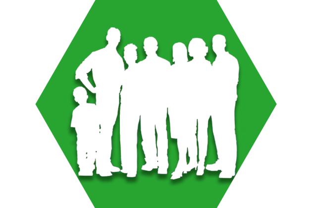 Hexagon with green background showing outline of a group of people representing UFT serving our communities