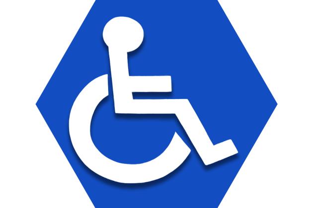 Hexagon with blue background showing figure in wheelchair - UFT students with disabilities
