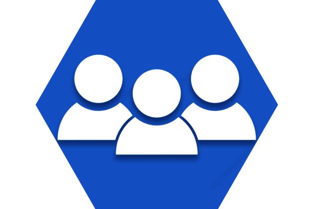 Blue hexagon showing three figures