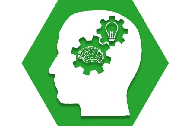 Green hexagon with symbol of a head with gears inside that show a brain and lightbulb, representing UFT Teacher Leadership