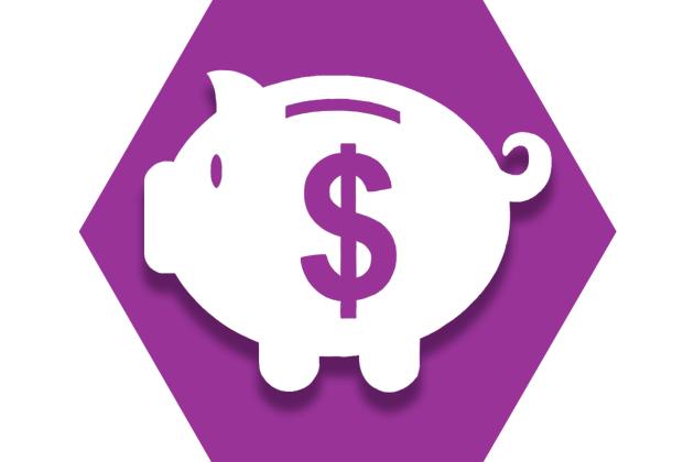 Purple hexagon with a piggy bank and dollar symbol representing Teacher's Choice