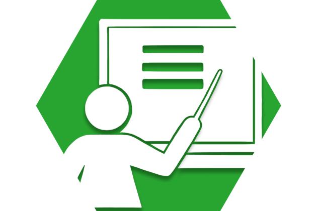 Hexagon with green background showing outline of person pointing at chalkboard representing UFT teaching news