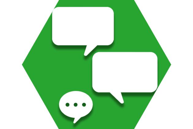 Hexagon with green background showing speech bubbles representing UFT text messages