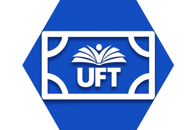 Blue hexagon showing outline of UFT logo on a card