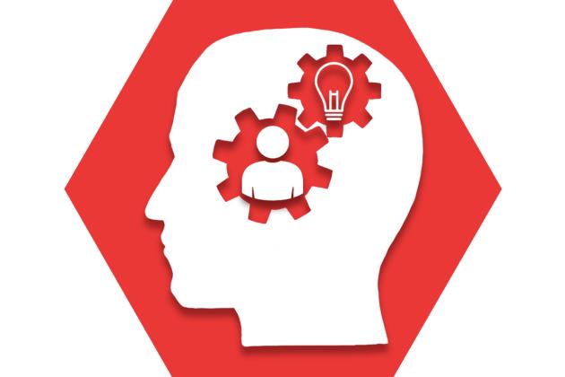 Hexagon with red background showing outline of a brain