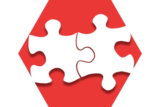 Hexagon with red background showing puzzle pieces