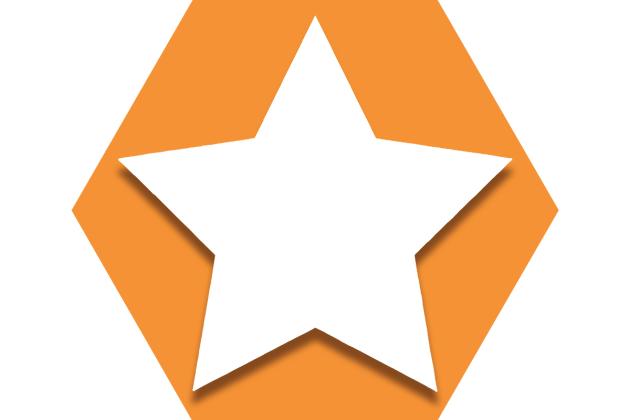 Hexagon with orange background showing a white star