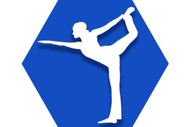 Blue hexagon with symbol of person stretching out their arm and leg representing UFT wellness programs and initiatives